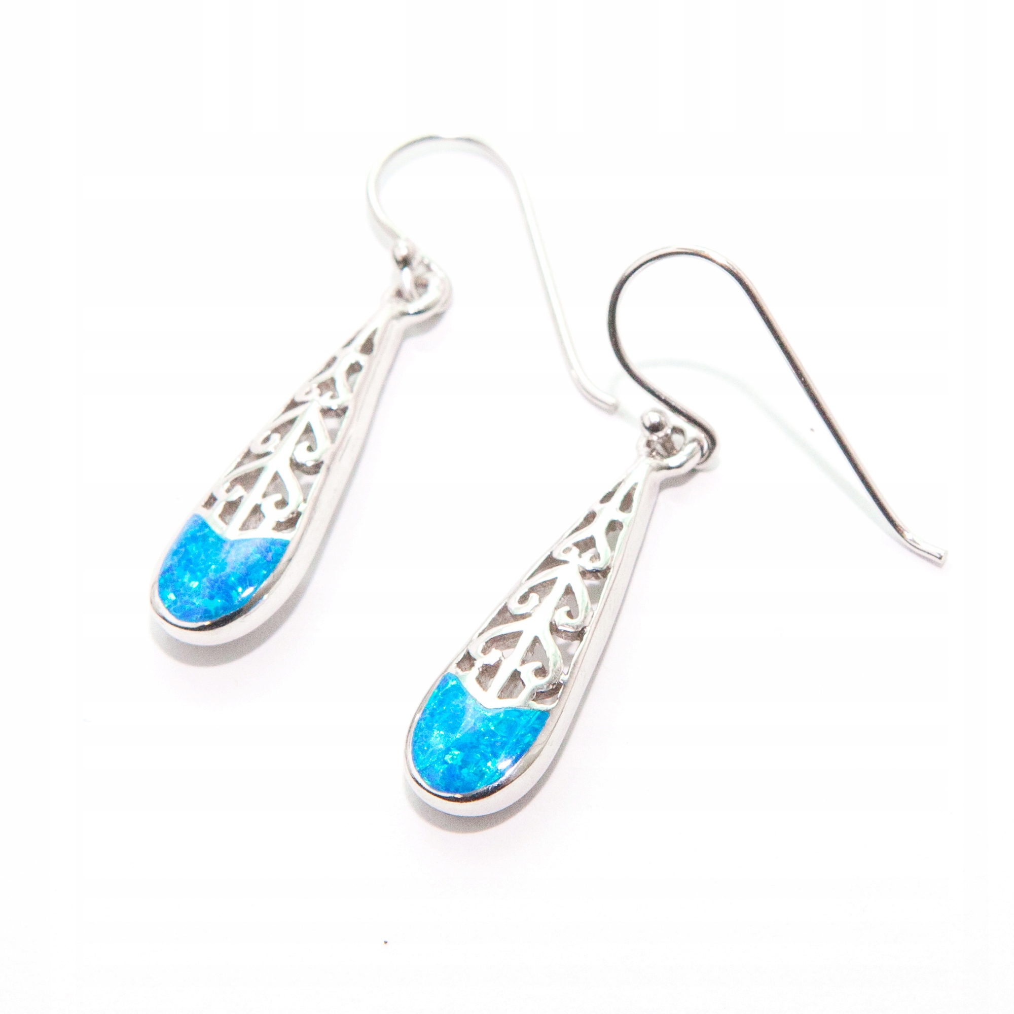 Stříbrné náušnice s opálem a podélnými slzami, prolamované, opálově modré stříbro 925