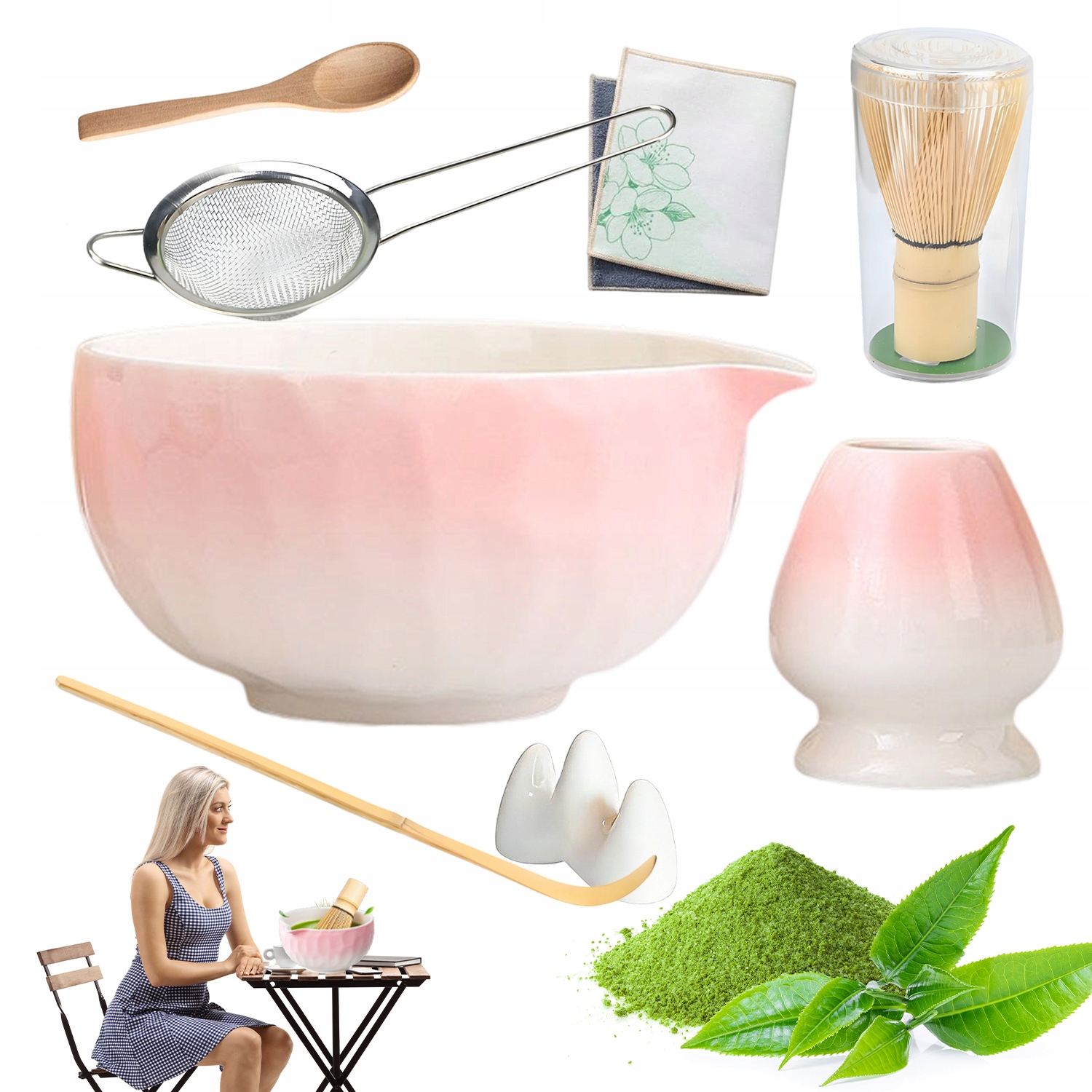 Sada Na Matchu Růžový Ceram. Miska Sítko Šlehací Metla Lžíce Ideální Dárek