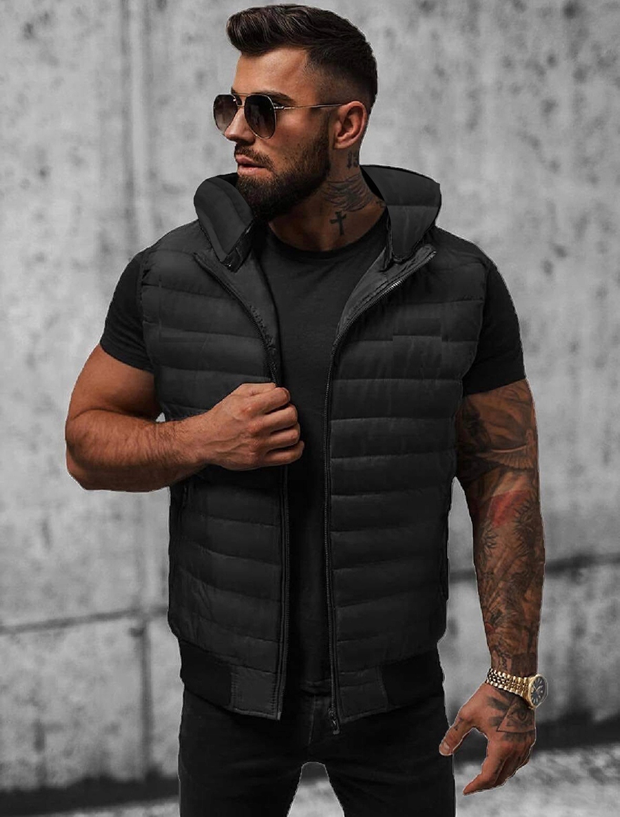 KAMIZELKA MĘSKA BEZRĘKAWNIK CZARNA PIKOWANA KAPTUR LEKKA WIOSENNA roz.L Rozmiar L