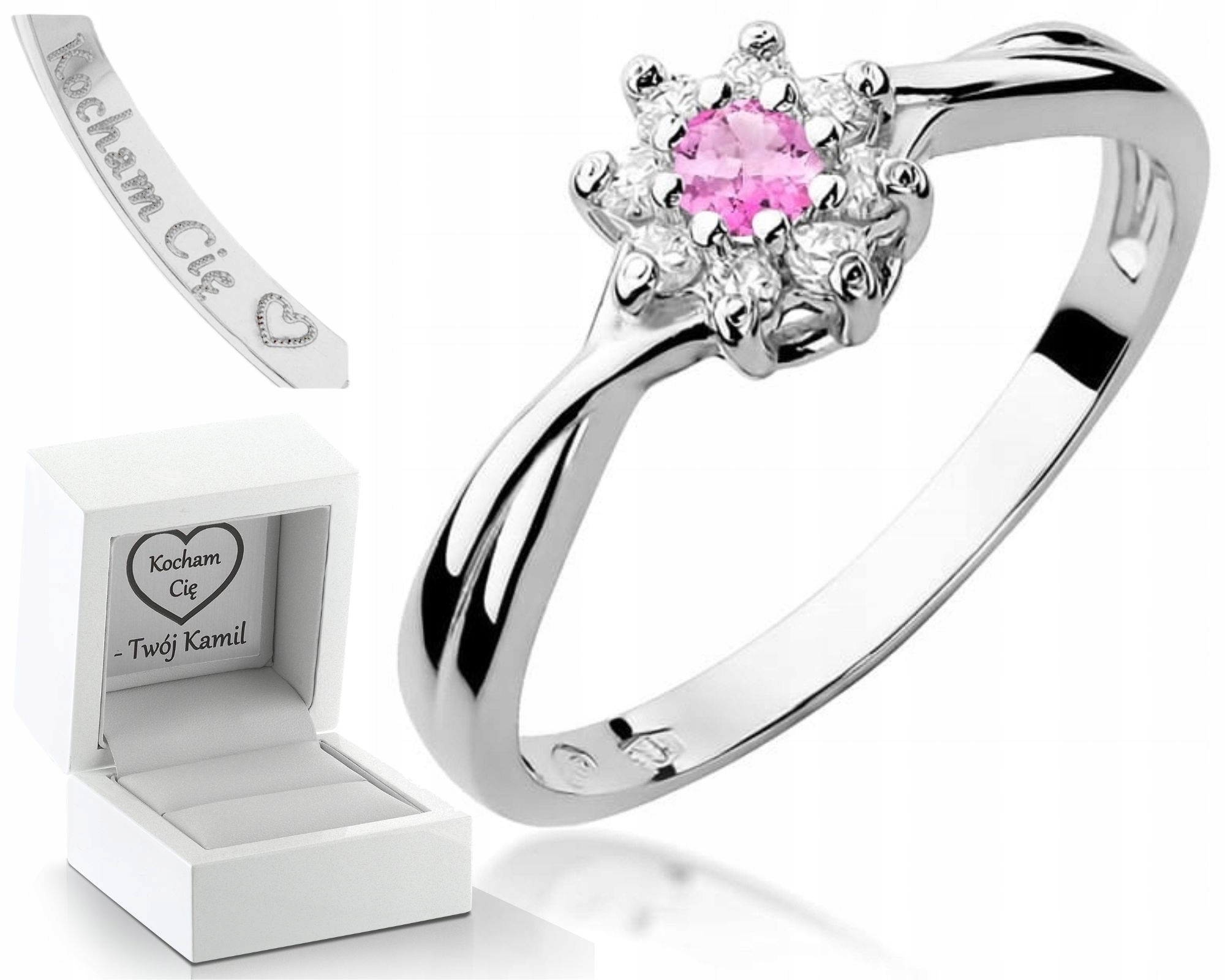 Prstýnek Prsten Z Bílého Zlata S Růžovým Topazem A Diamanty Gravírování 585