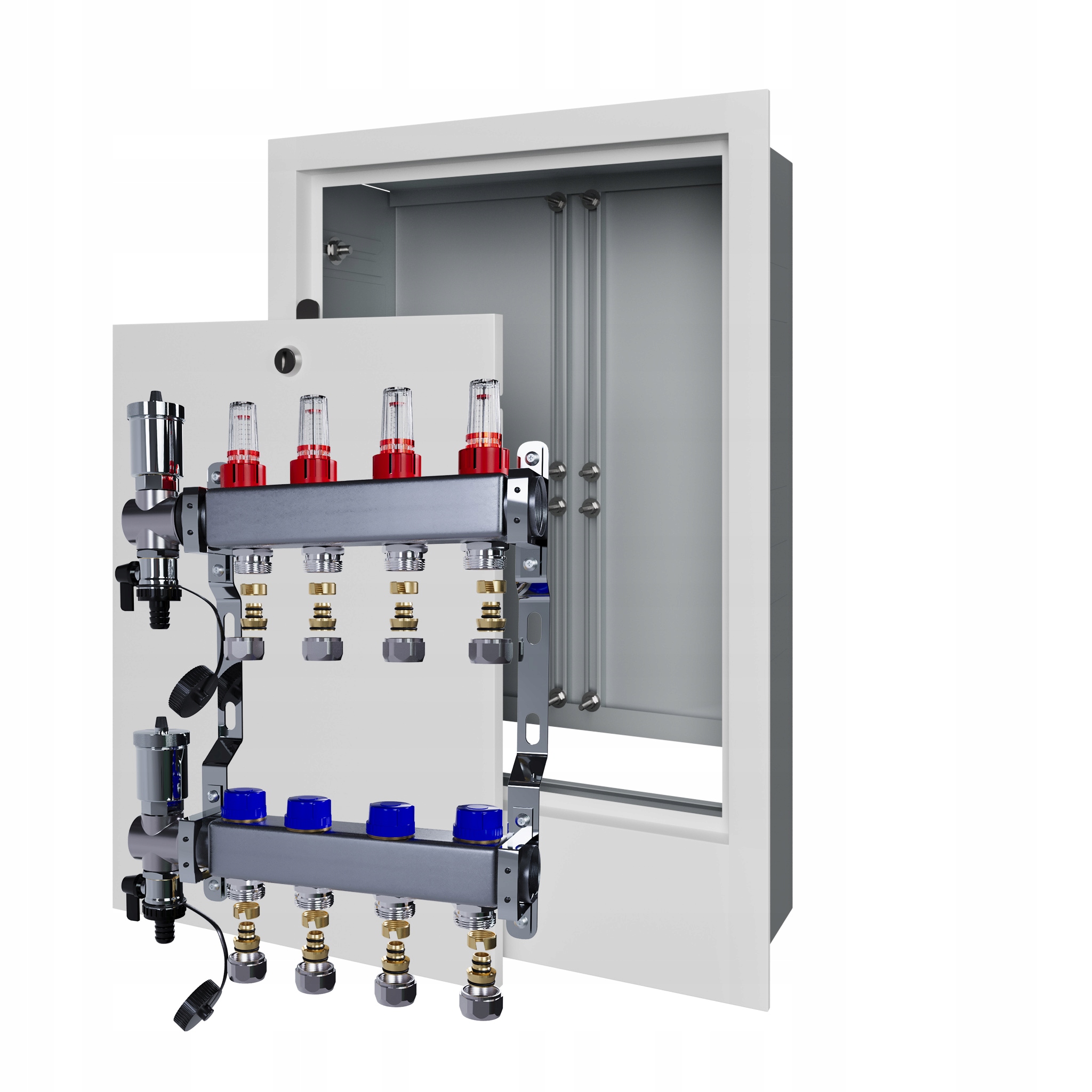 Rozdělovač pro podlahové vytápění 4 nerezový+PEX+podomítkový box