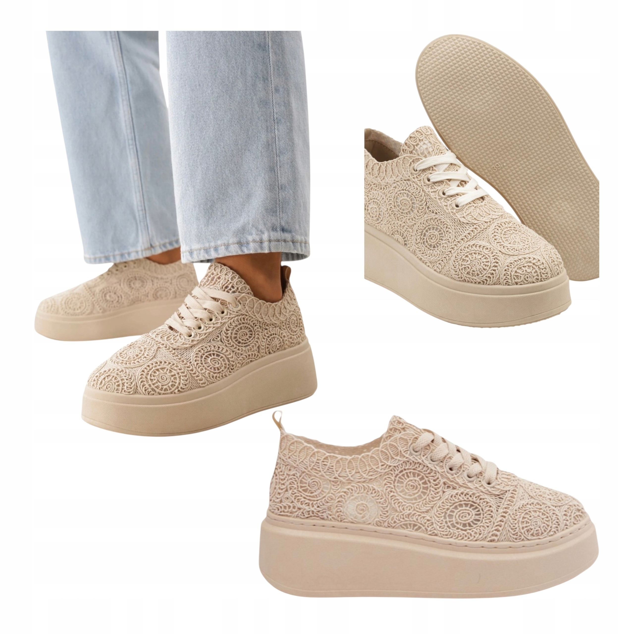Dámské polobotky Ažurové tenisky Krajkové na platformě Pohodlné Béžové 39