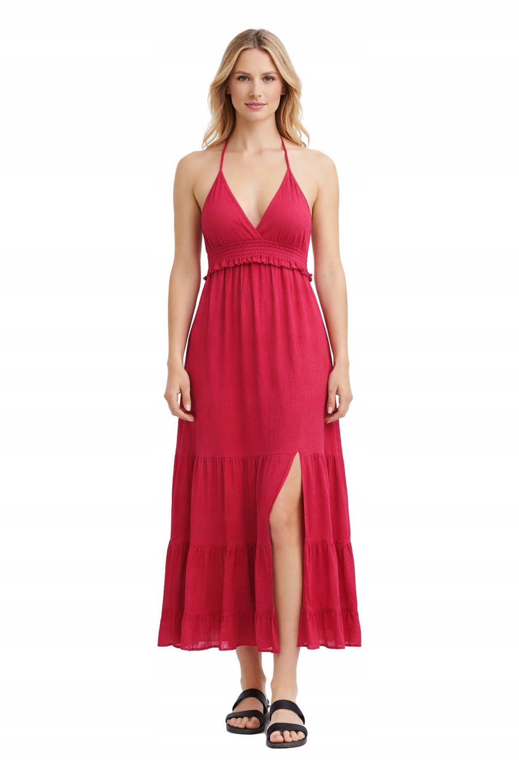 Růžové Šaty MIDI Se Zavazovacím Výstřihem A Volánem L I4A