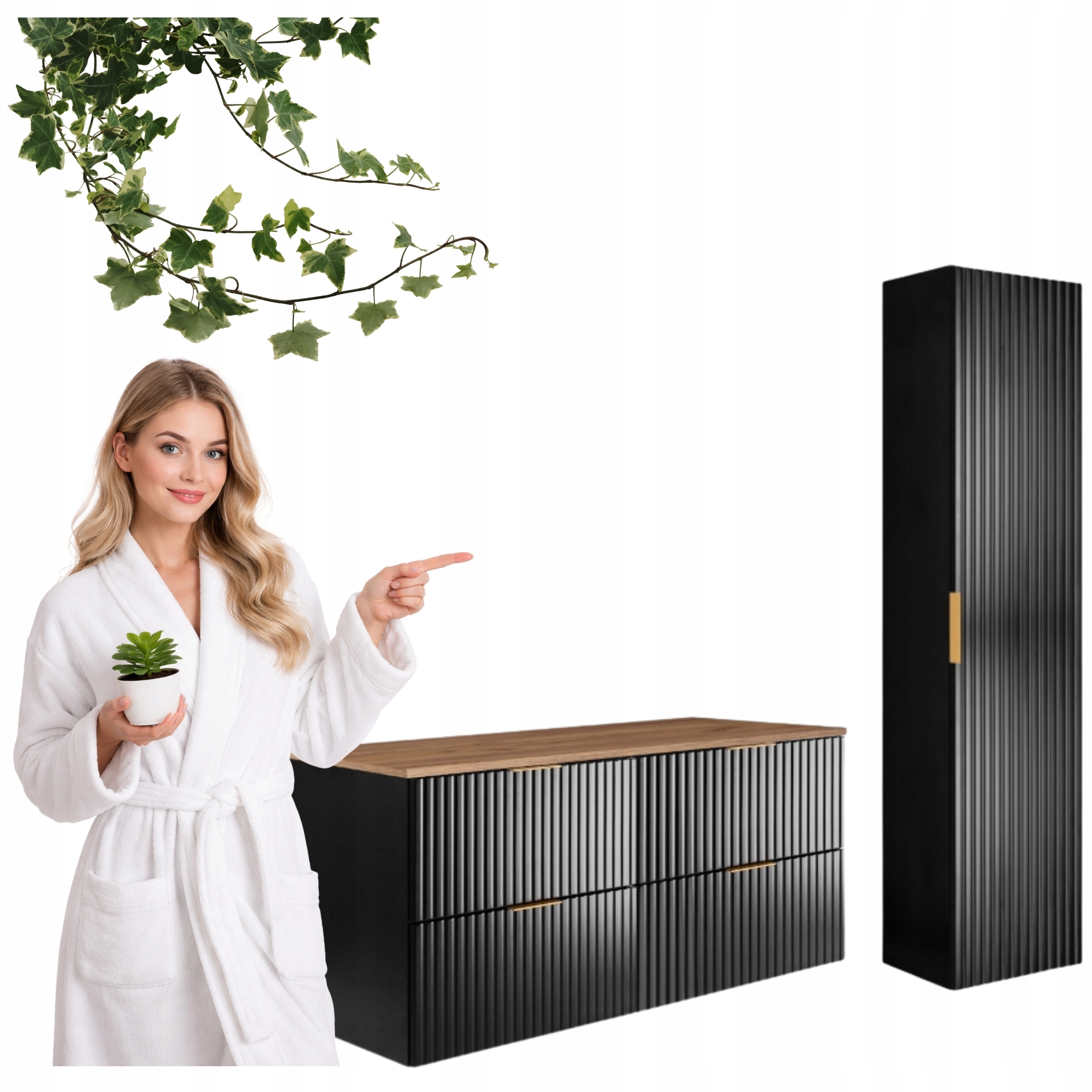 Zestaw Mebli Łazienkowych Wiszących Słupek 136 Szafka 120x46 Czarny Dąb