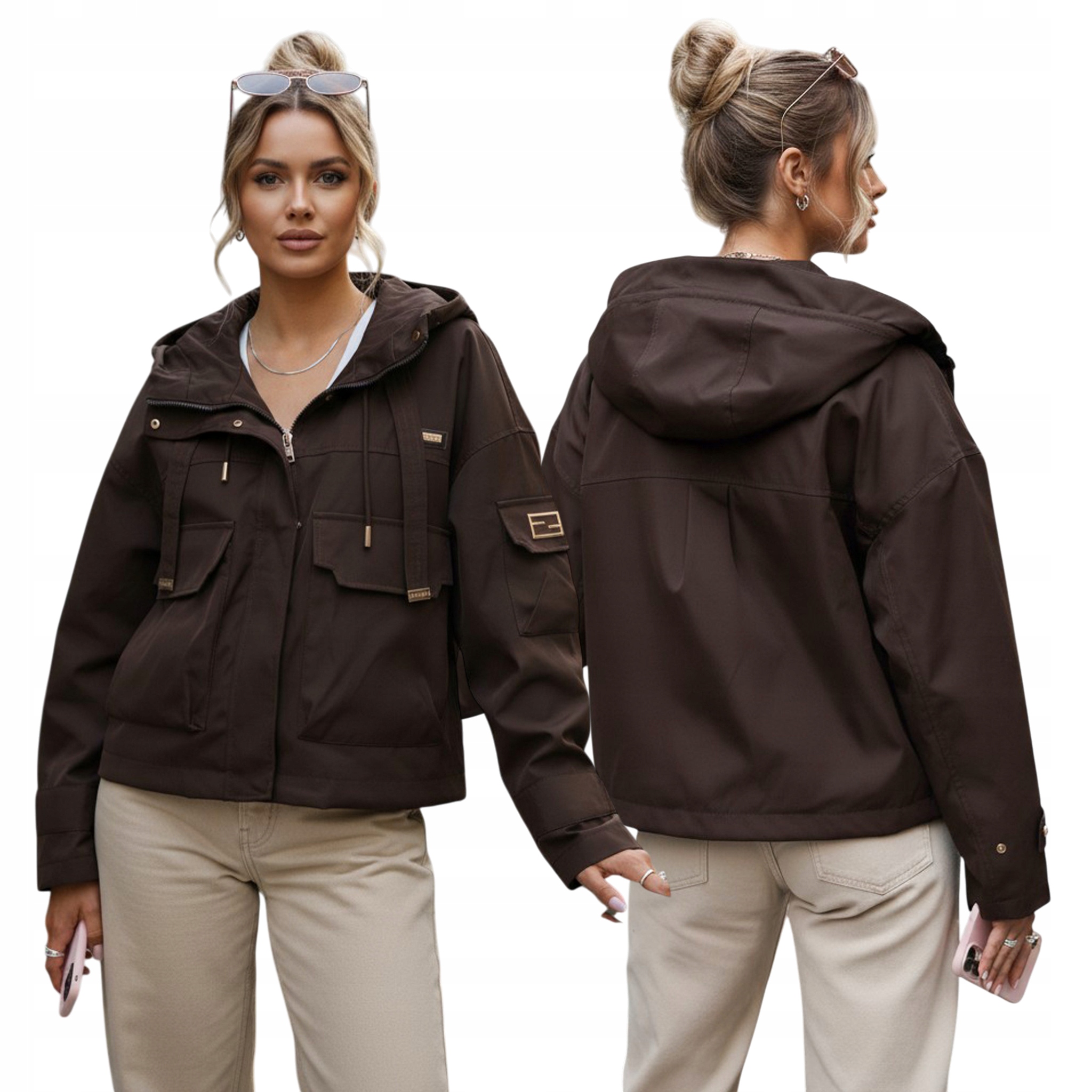 Kurtka przejściowa damska z kapturem i kieszeniami brązowa TY5637 M