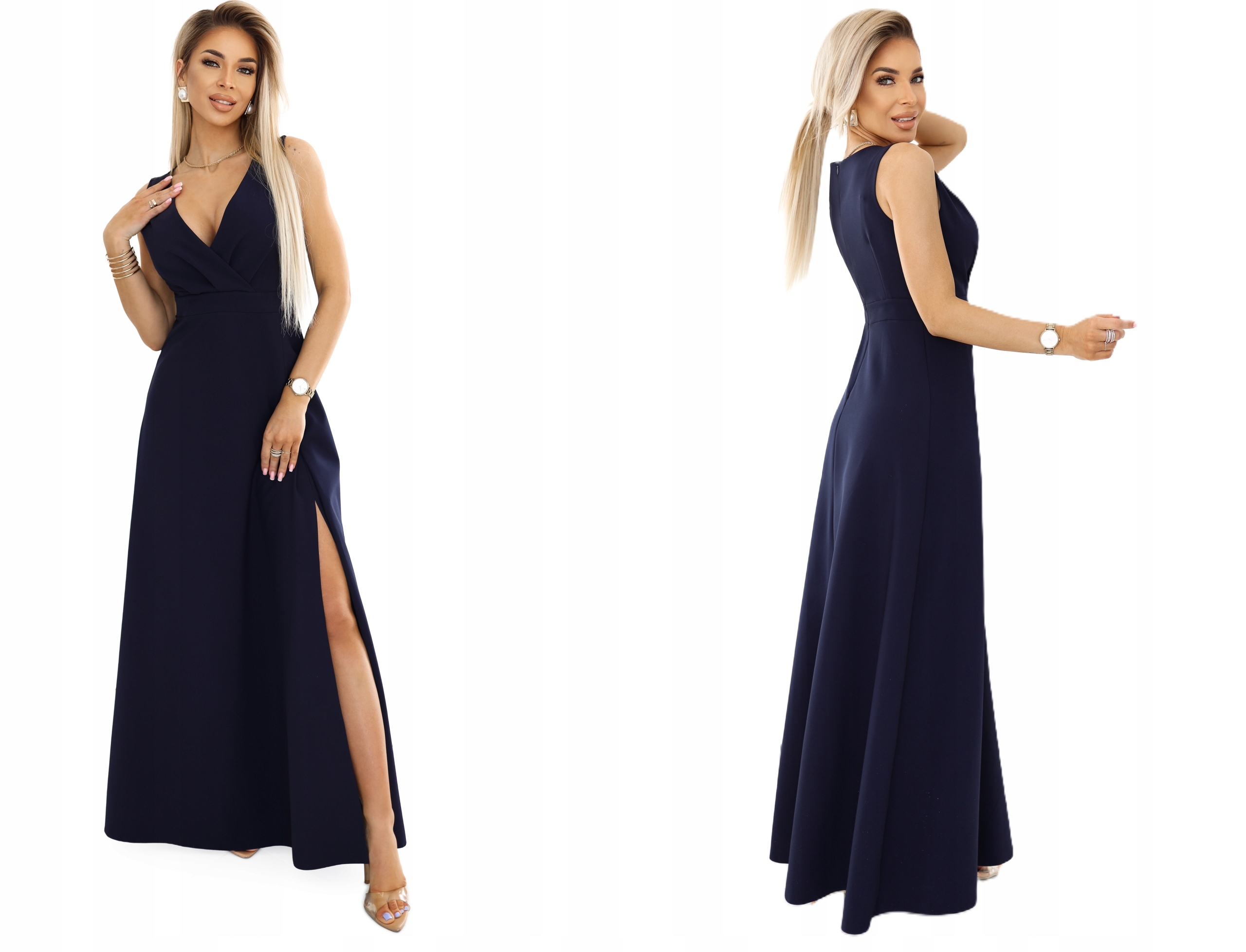 Dlouhá Elegantní Silvestrovská Šaty S Hlubokým Výstřihem A Výstřihem Námořnická Modrá