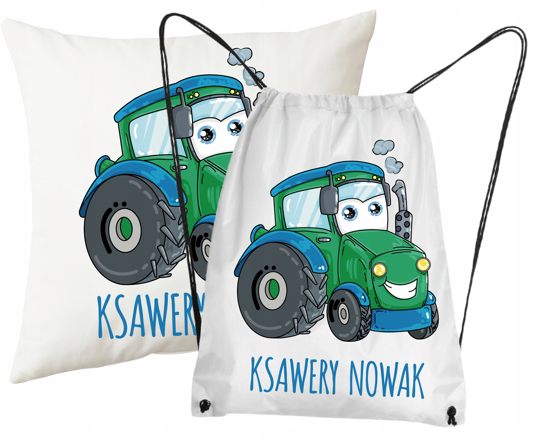 PODUSZKA + WOREK do przedszkola grafika ZIELONY TRAKTOR + IMIĘ