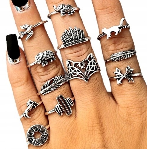 

zestaw srebrnych pierscionków punk słonik kot liść