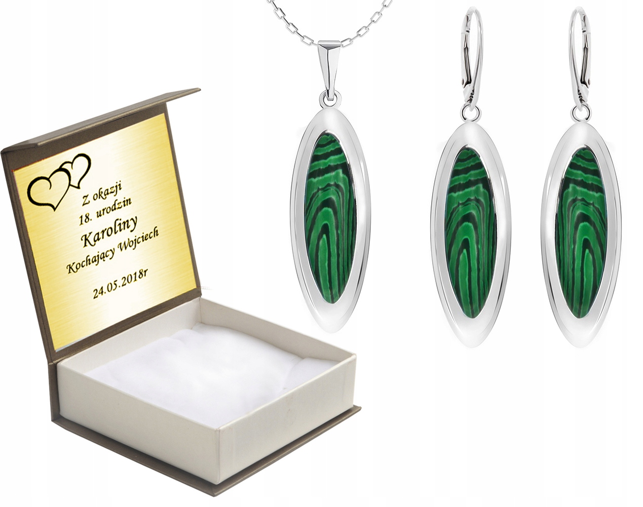 

Komplet Biżuterii Srebrnej Z Malachitami + Grawer