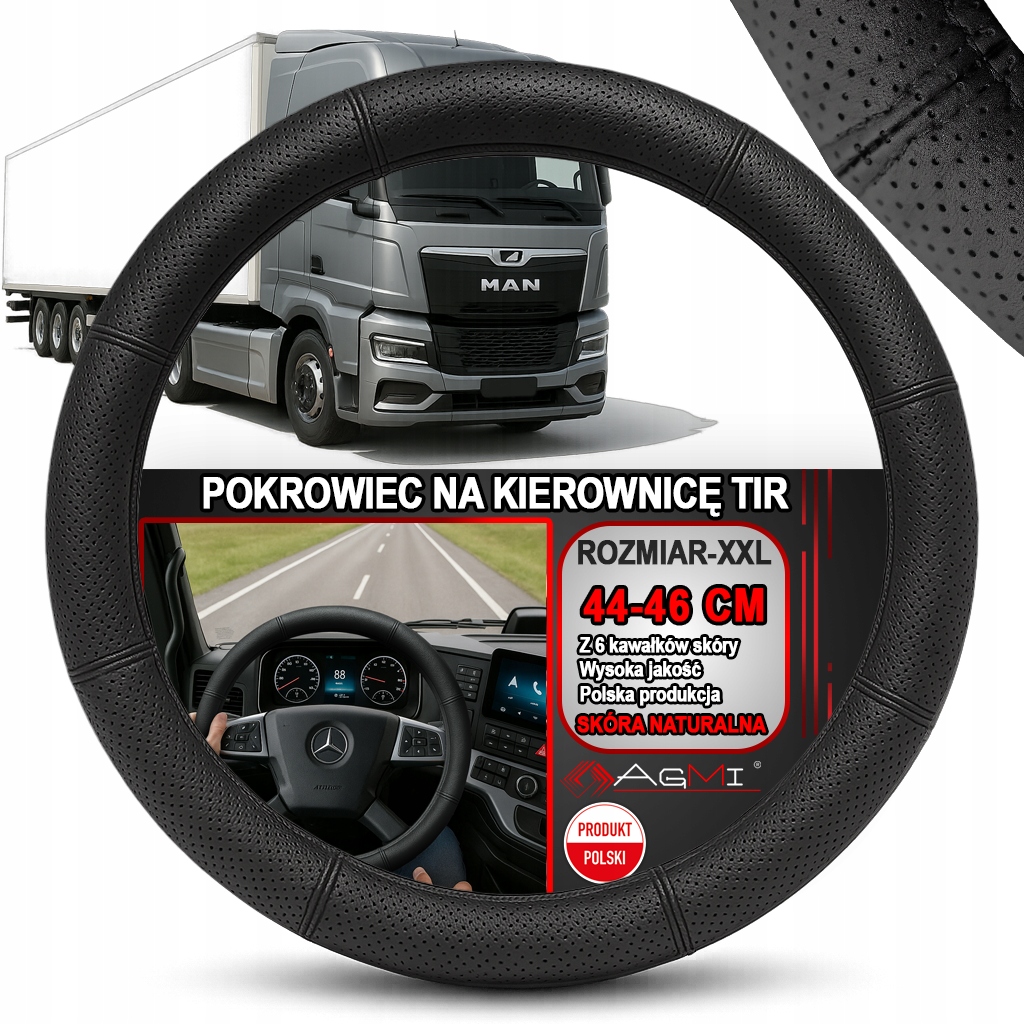 Nakładka Na Kierownicę Tir Bus Skórzany Pokrowiec Skóra Perforowana 44-46CM