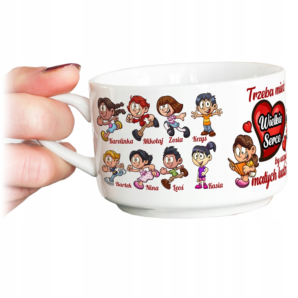 FILIŻANKA DLA NAUCZYCIELA PRZEDSZKOLANKI Z IMIONAMI DZIECIE - WIELKIE SERCE