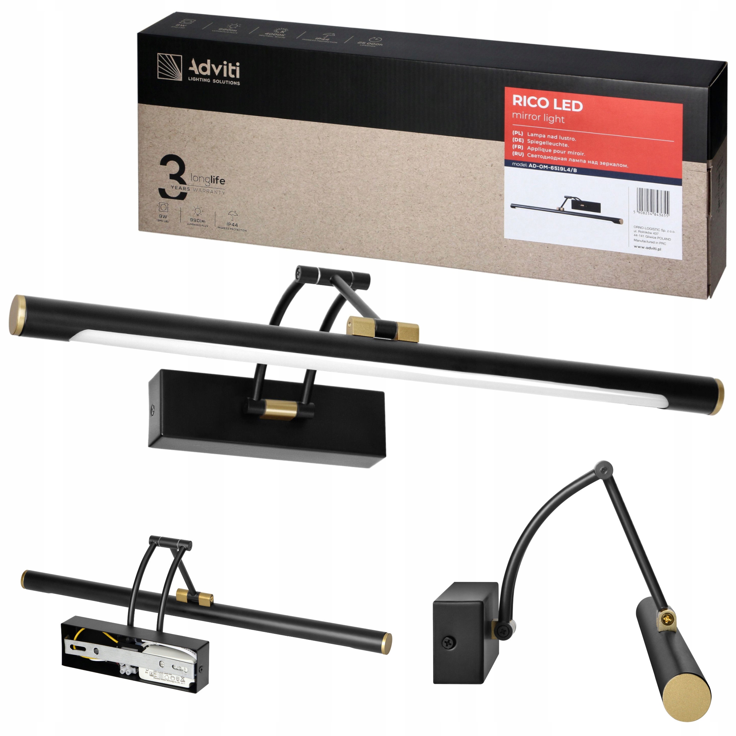 Kinkiet Łazienkowy Lampa nad Lustro Led 9W 50cm Czarny Ruchome Ramię 4000K