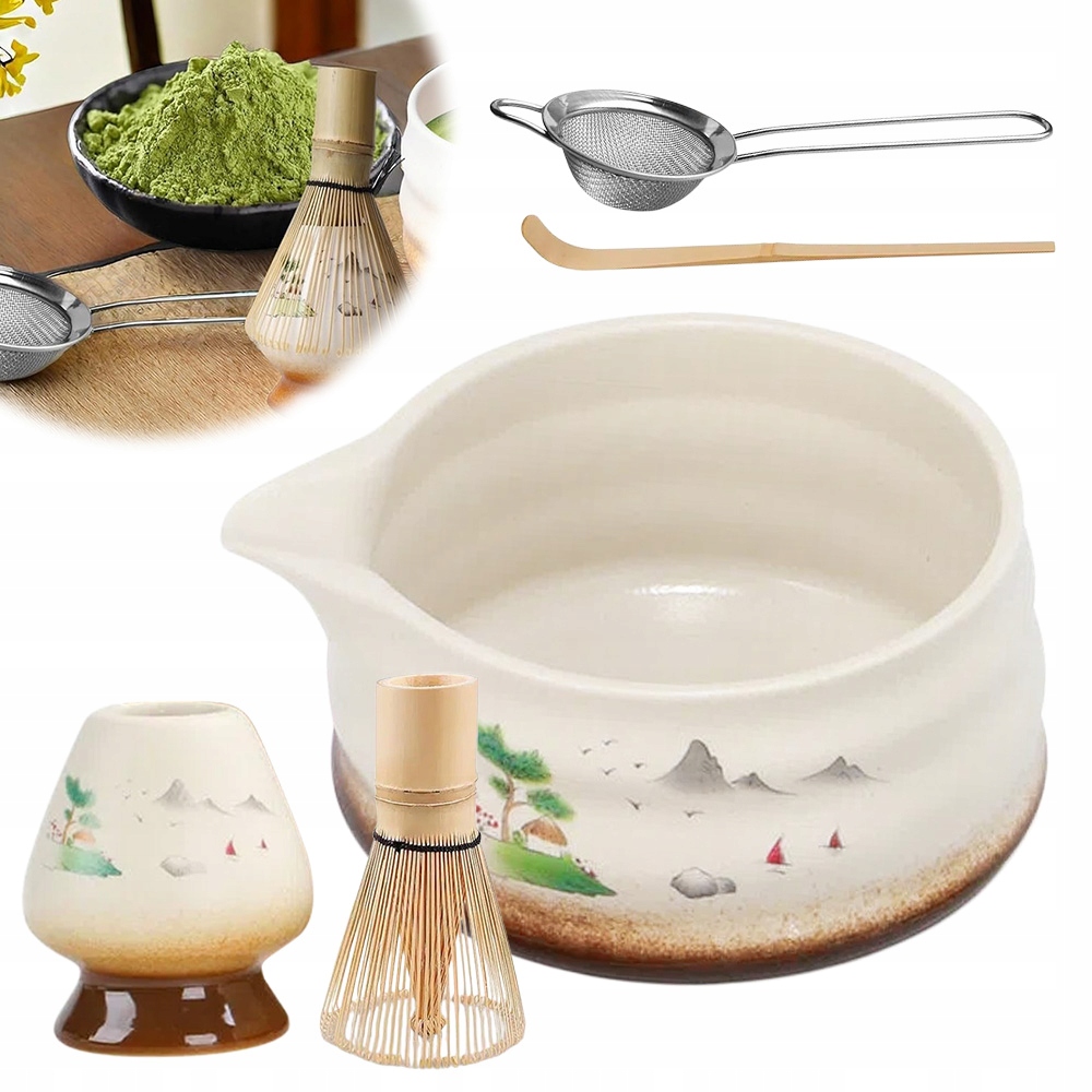 Keramická sada na matcha bílá s bambusovou šlehací metlou a sítkem