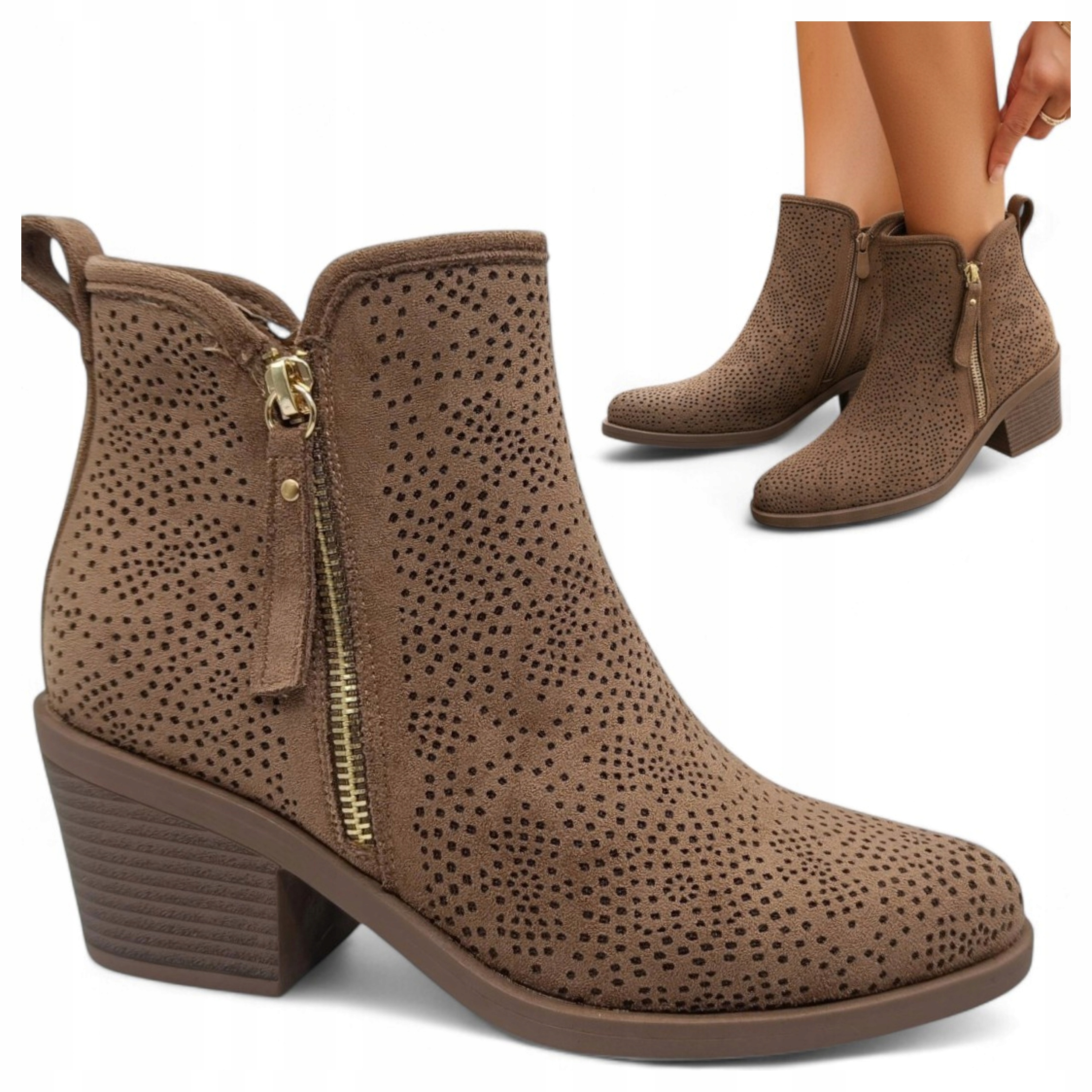 Dámské Kovbojské Boty na podpatku 38 Kotníkové Boty Ažurové Semišové Podzimní Bronz Barski