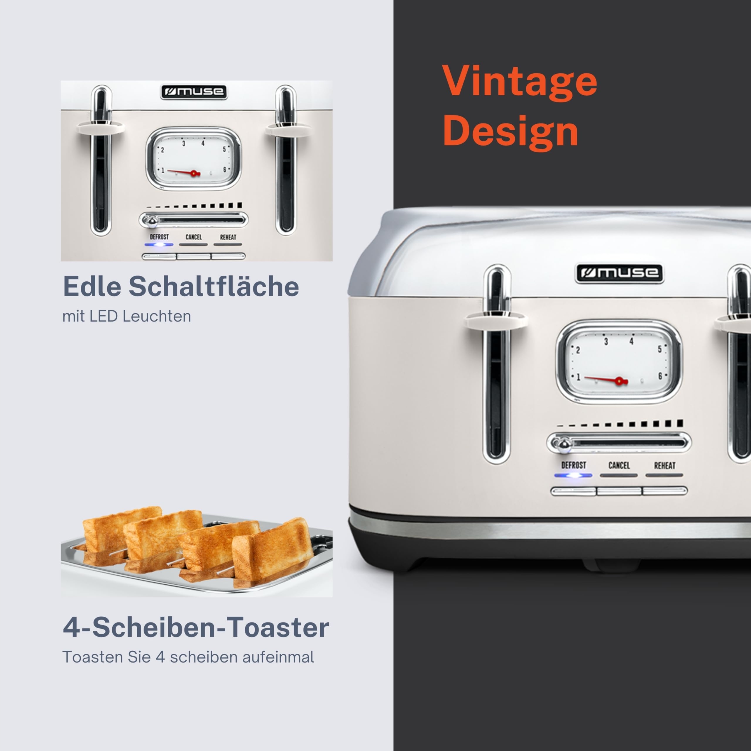MUSE Toster Retro Biały Stalowy 4 Kromki 6 Stopni Z Kratką Na Okruchy — miniatura 5