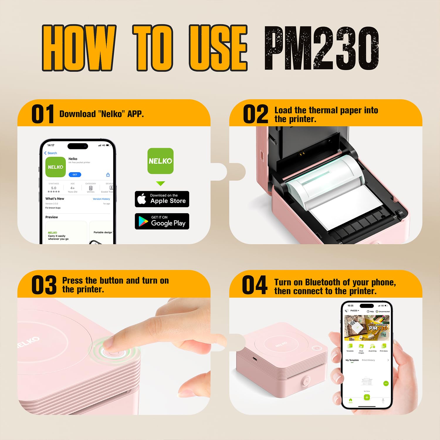 NELKO PM230 Mini Bluetooth Drukarka Naklejek Różowa + 3 Rolki Papieru — miniatura 9