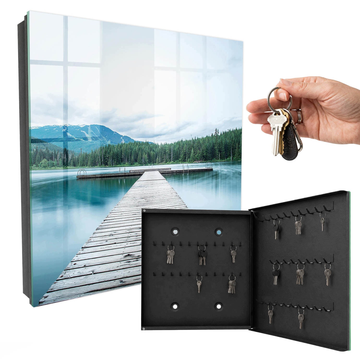 Nástěnná skříňka na klíče s obrazem Jezero klidu Černá pravá 30x30 cm