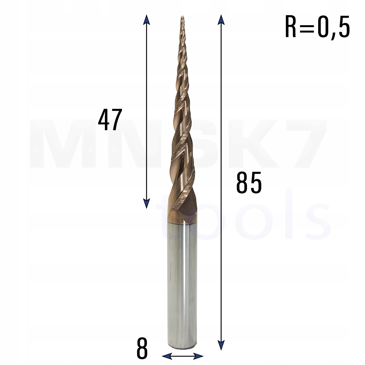 Frez stożkowy kulowy 3D 8 x 47 x 85 R0.5 HRC55 4.3°