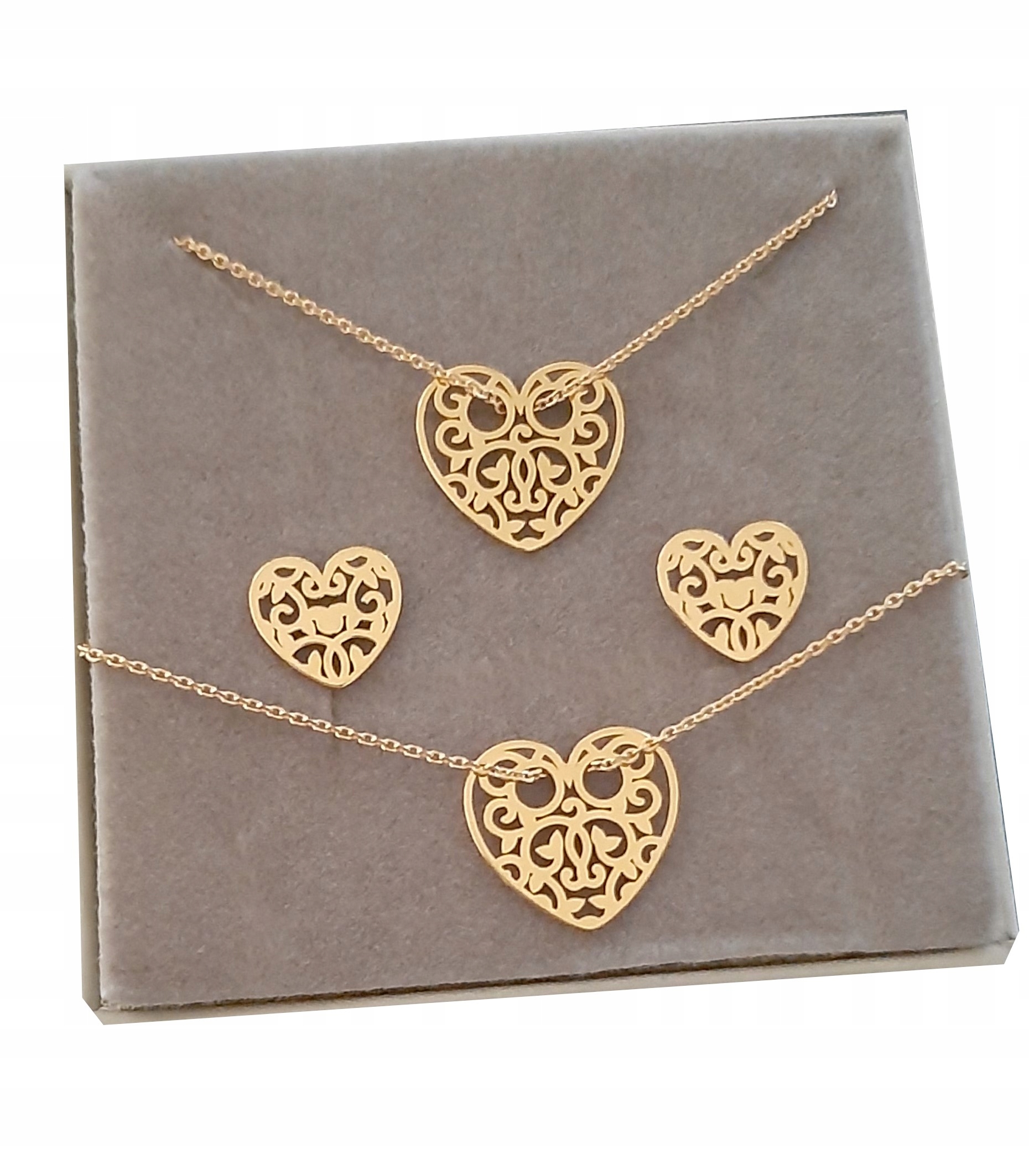 

Złoty komplet Serce Ażur Celebrytka Srebro Grawer