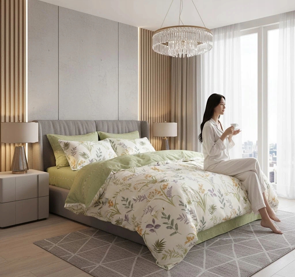 3dílná sada povlečení na peřinu, žlutá, květinový motiv, 100% bavlna, krémově bílá, 160×200 cm