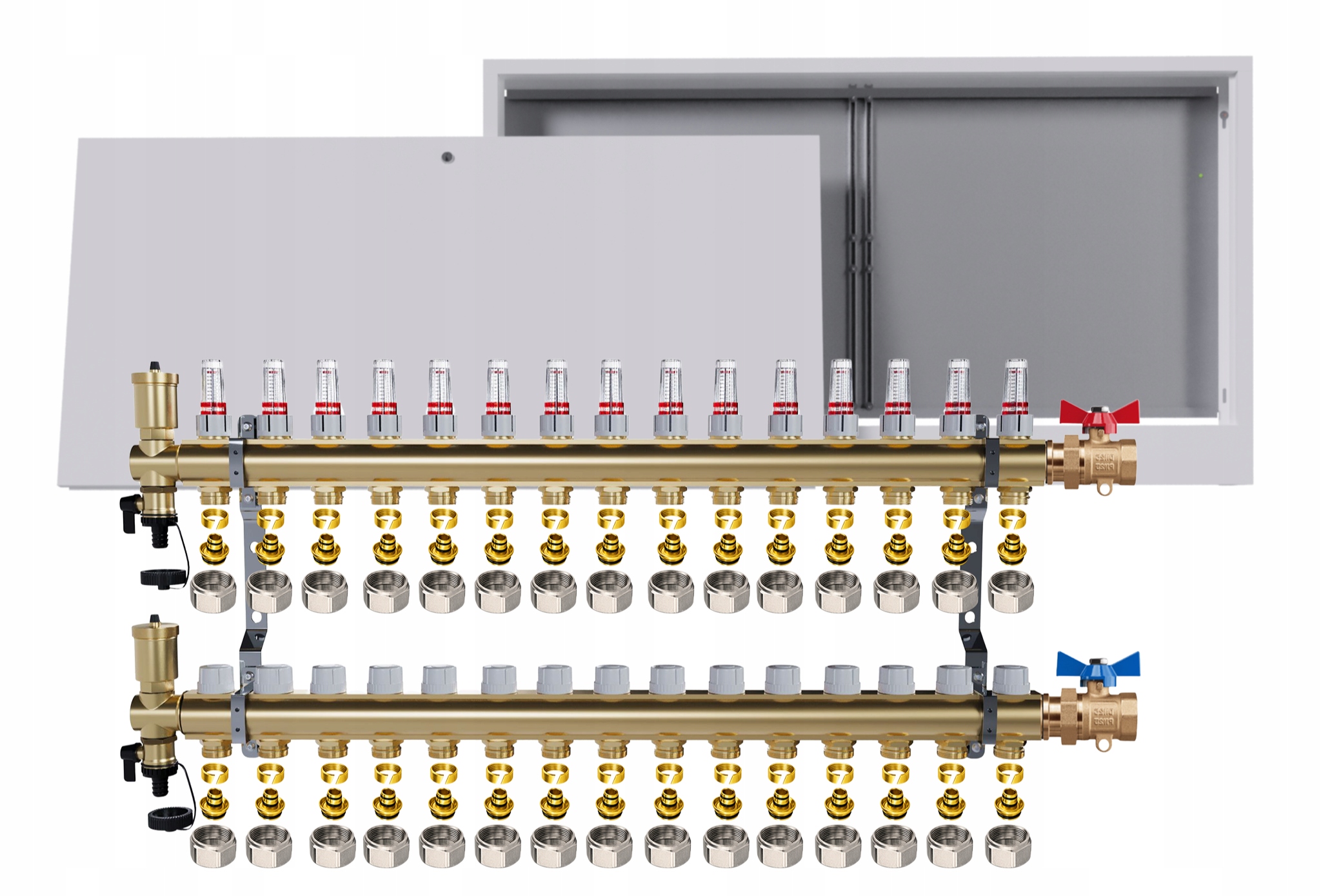 Mosazný rozdělovač podlahových krytin 15 okruhů skříňka rovný ventil Pex