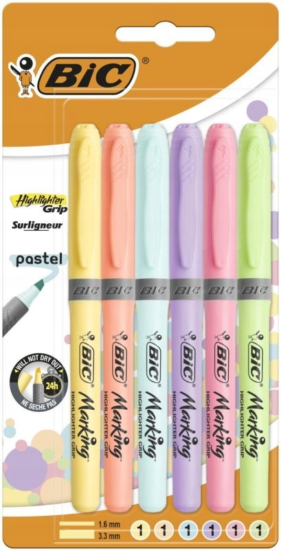 BIC HIGHLIGHTER GRIP ZAKREŚLACZ SZKOLNY BIUROWY 6 KOLORÓW PASTELOWE Kod producenta 992561