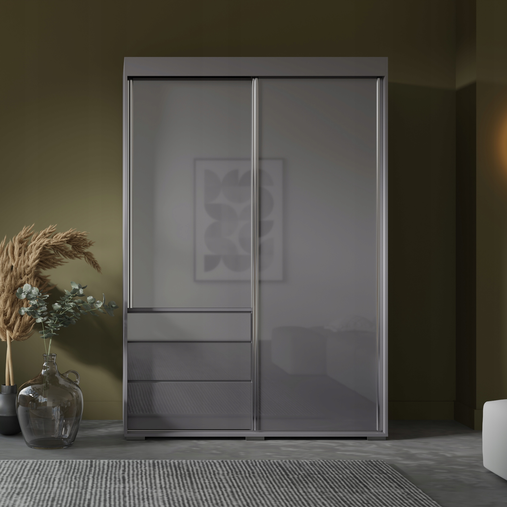 Szafa przesuwna z szufladami Torino 2D 140 Szara (lacobel)