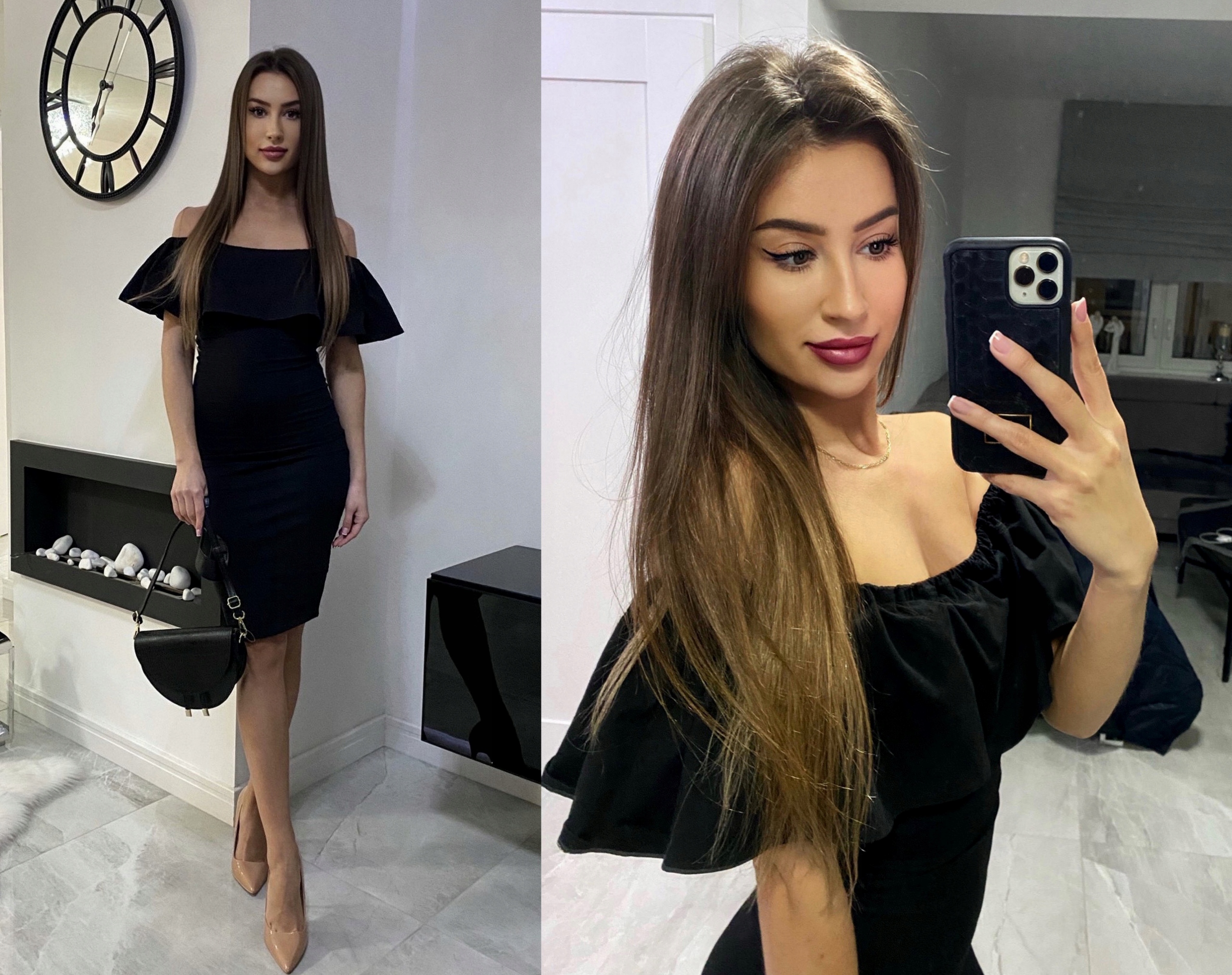 CZARNA SUKIENKA przed kolana MIDI HISZPANKA z FALABNKĄ odkryte ramiona S/M Rozmiar S/M