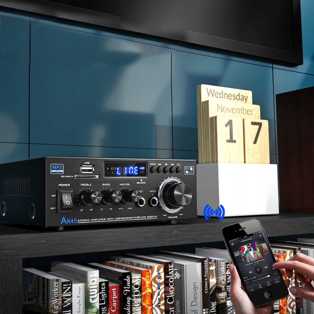 WZMACNIACZ BLUETOOTH 5.0 STEREO HIFI ODTWARZACZ AUDIO + PILOT Kolor czarny