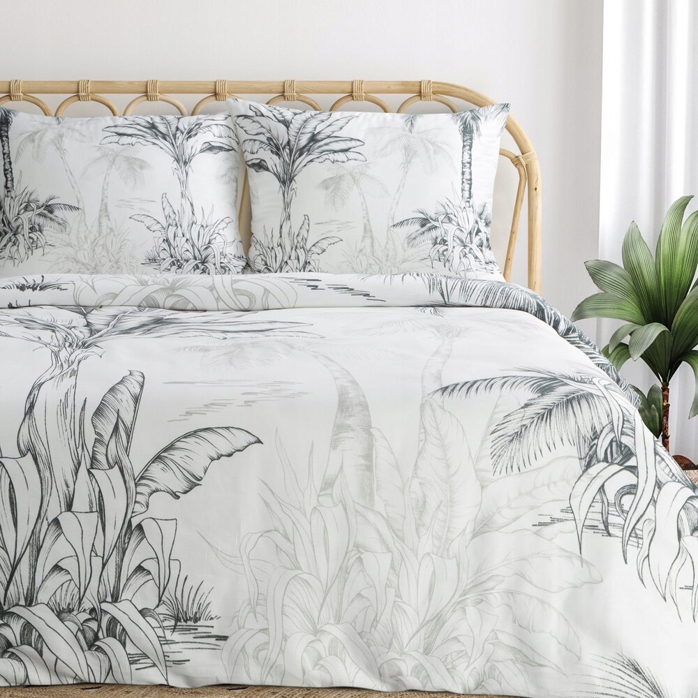 Povlečení saténové Spring 160x200 Eurofirany bílá botanická ocel palmy