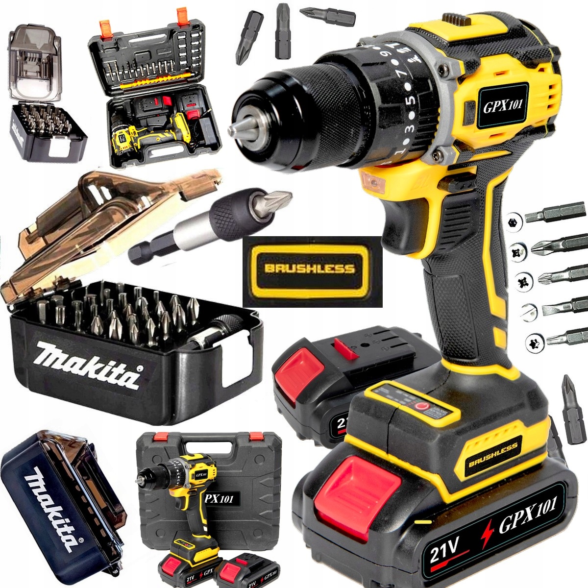 Wiertarko Wkrętarka Bezszczotkowa 2x Aku 21V Udar Zestaw Bitów Makita Torx