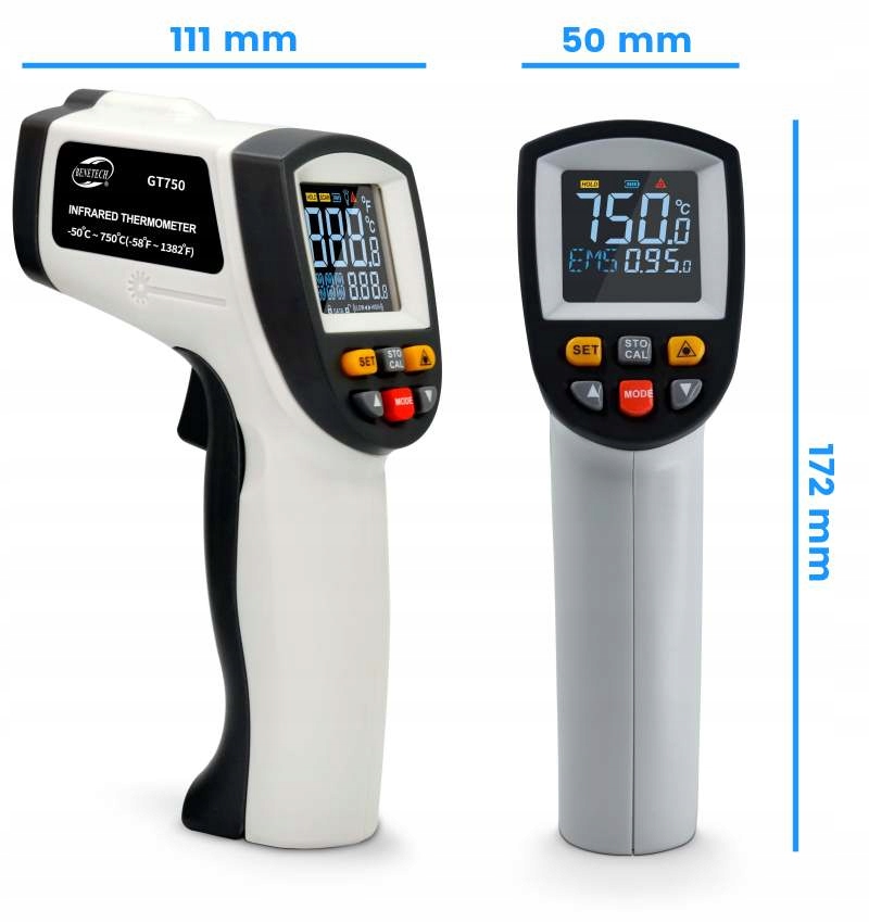 PIROMETR TERMOMETR LASEROWY BEZDOTYKOWY NA PODCZERWIEŃ EMISYJNOŚĆ -50 +750 Kolor szary