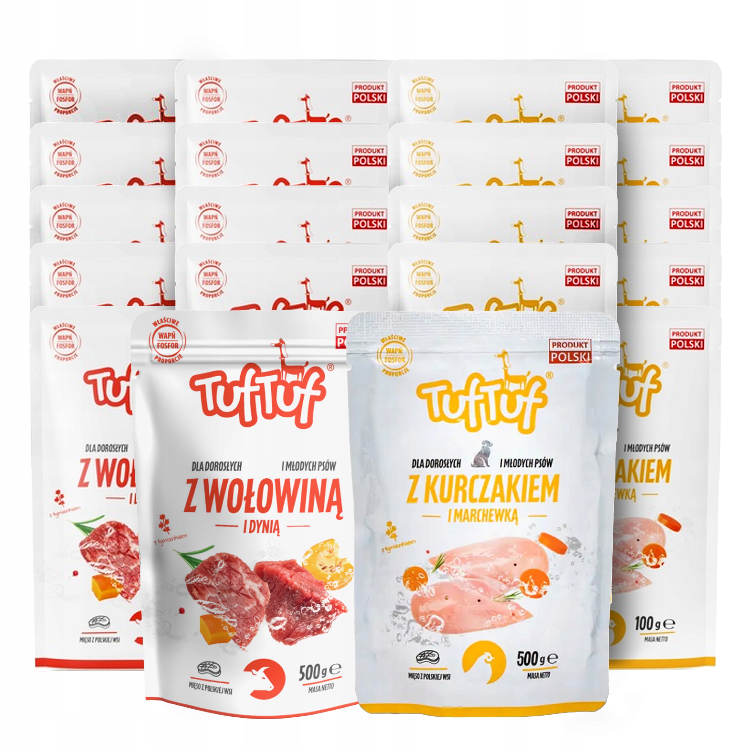 Vlhké krmivo pro psy, sáčky 20 x 500 g, sada Tuf Tuf mix kuřecí hovězí maso