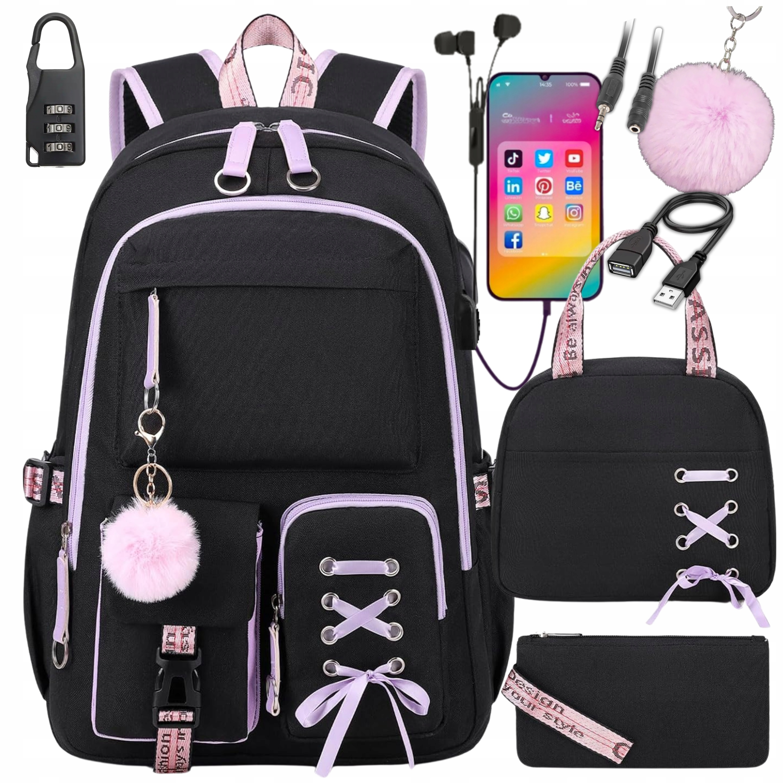 PLECAK SZKOLNY MŁODZIEŻOWY TORNISTER PIÓRNIK LUNCHBOX ŚNIADANIÓWKA S CZARNY