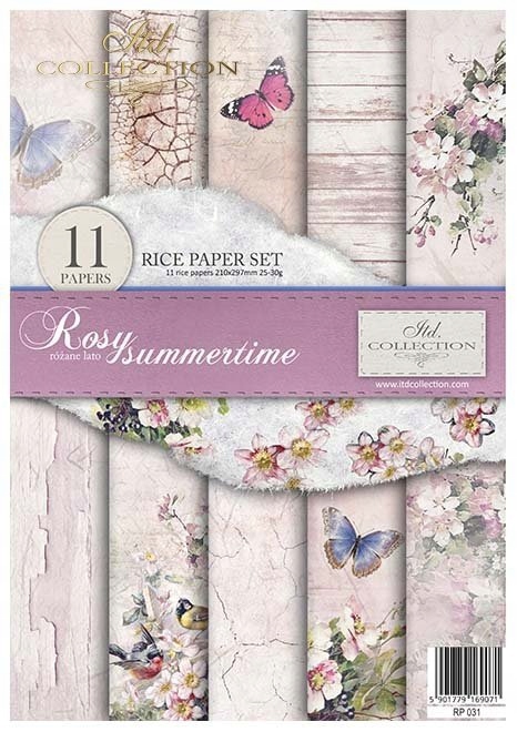 Sada 11 rýžových papírů A4 na decoupage RP031 Rosy Summertime