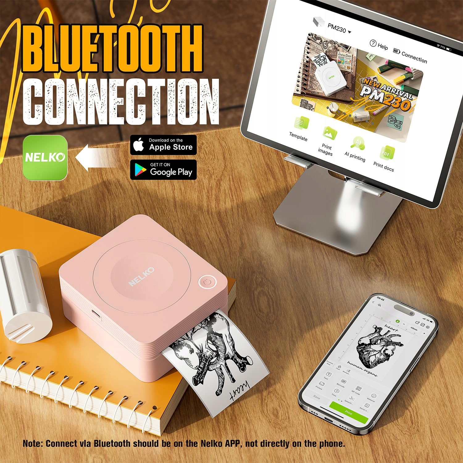 NELKO PM230 Mini Bluetooth Drukarka Naklejek Różowa + 3 Rolki Papieru — miniatura 2