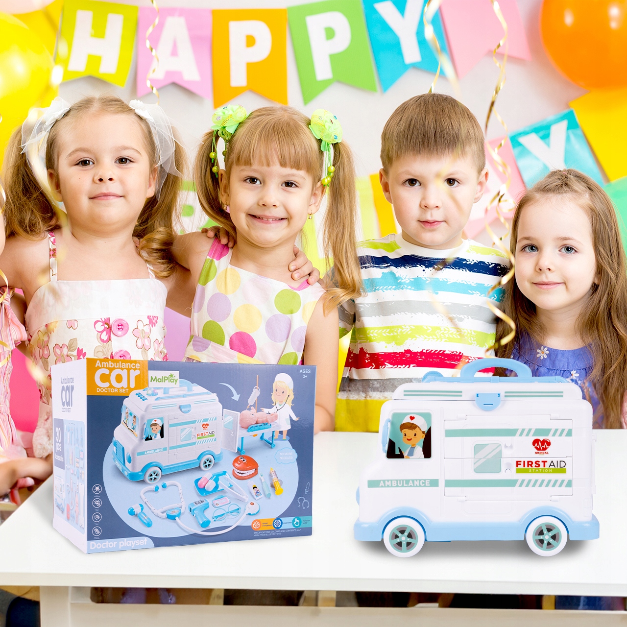 ZESTAW LEKARSKI AMBULANS AUTO KARETKA ZABAWKA DLA DZIECI Z LALKĄ I NOSZAMI Baterie 2xAAA 3xAA