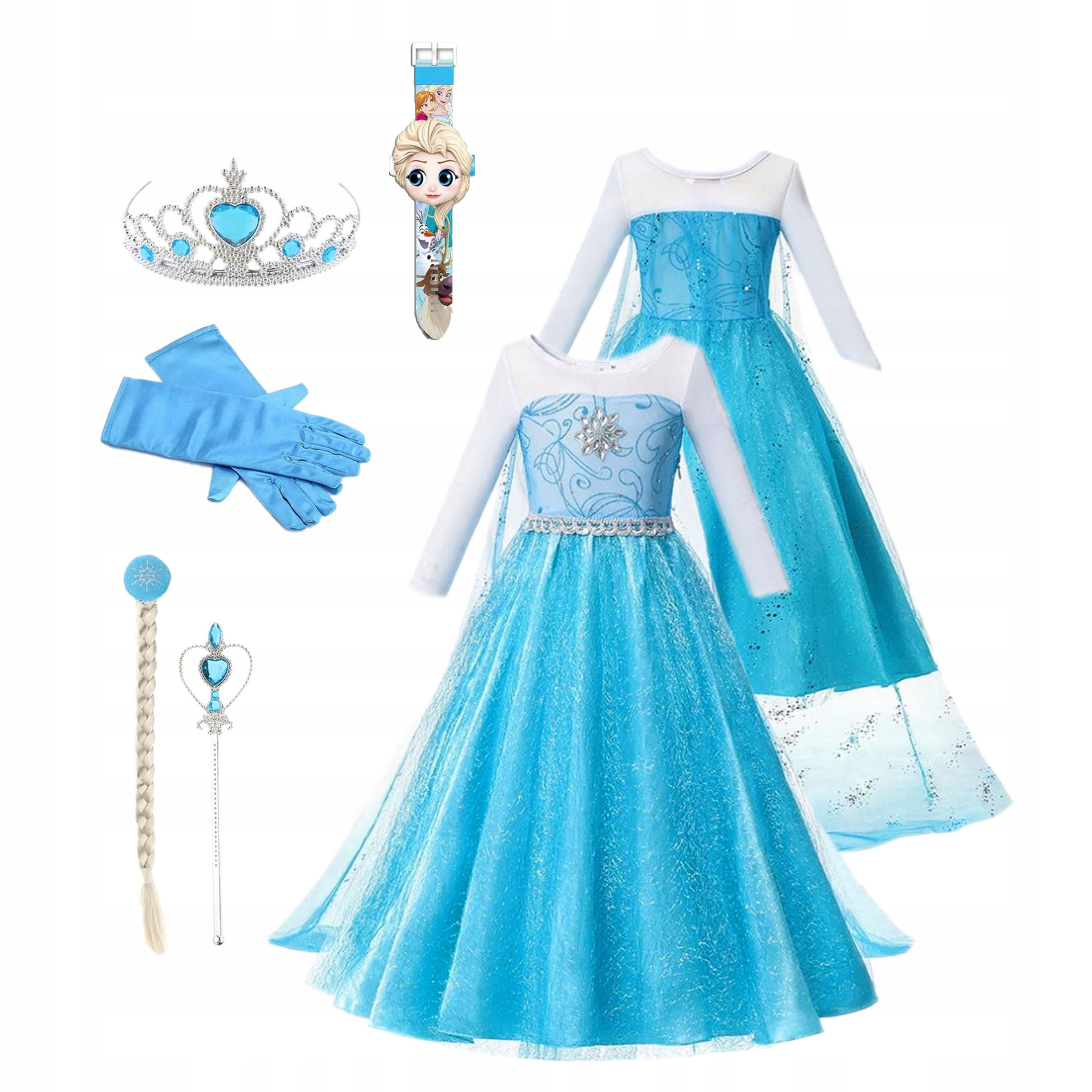 SUKIENKA ELSA L 122/128 STRÓJ ELZA KOSTIUM BAL TREN + AKCESORIA + ZEGAREK