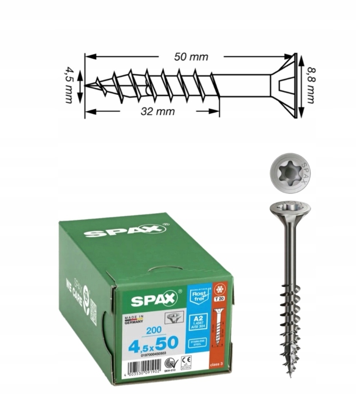Wkręt uniwersalny do drewna spax 4,5 x 50 A2 Txtg 200 szt