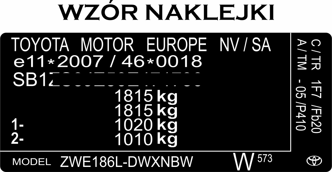NAKLEJKA TABLICZKA ZNAMIONOWA TOYOTA KAŻDY MODEL