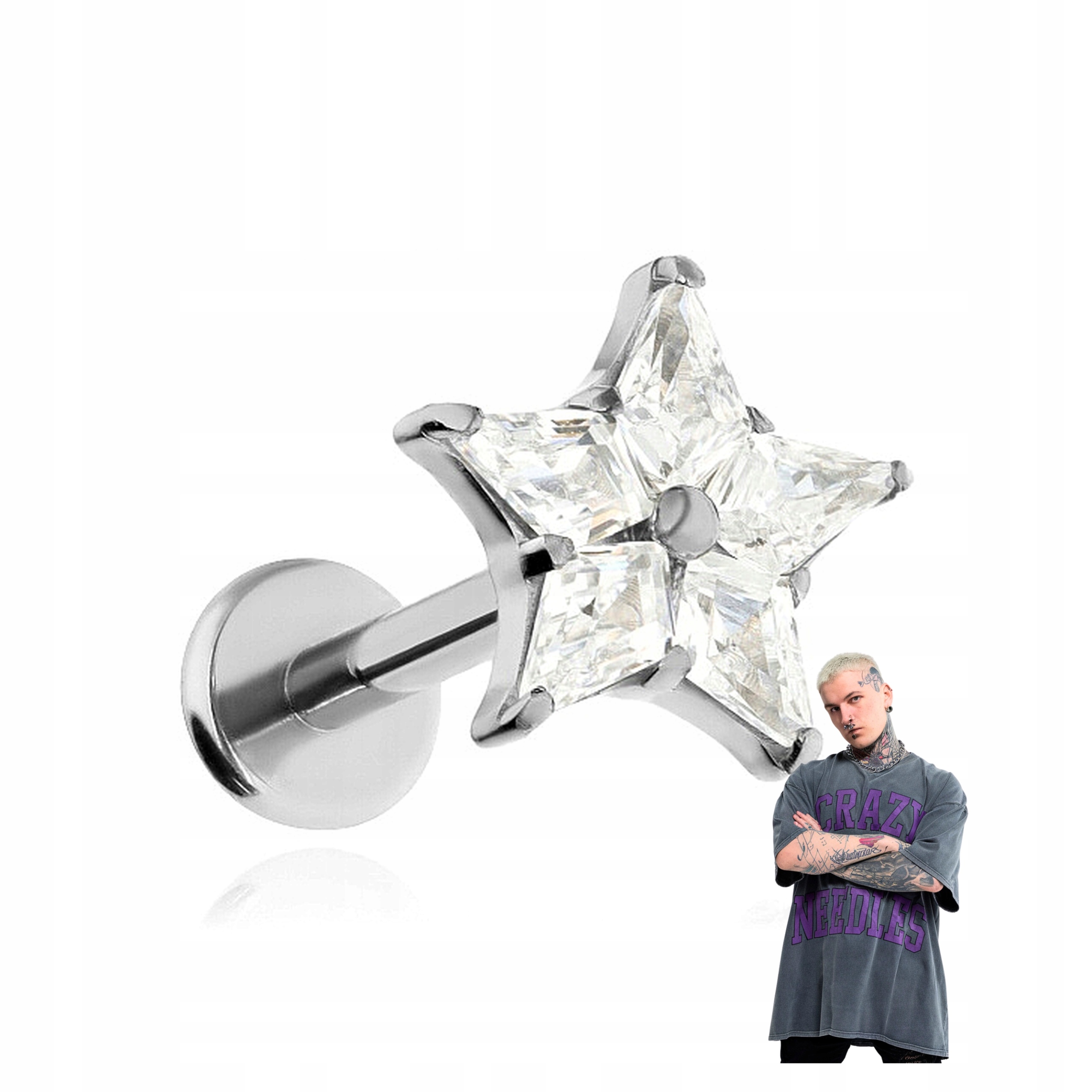Titanová náušnice labret hvězda s bílým zirkonem stříbrný helix lobe 1,2/6
