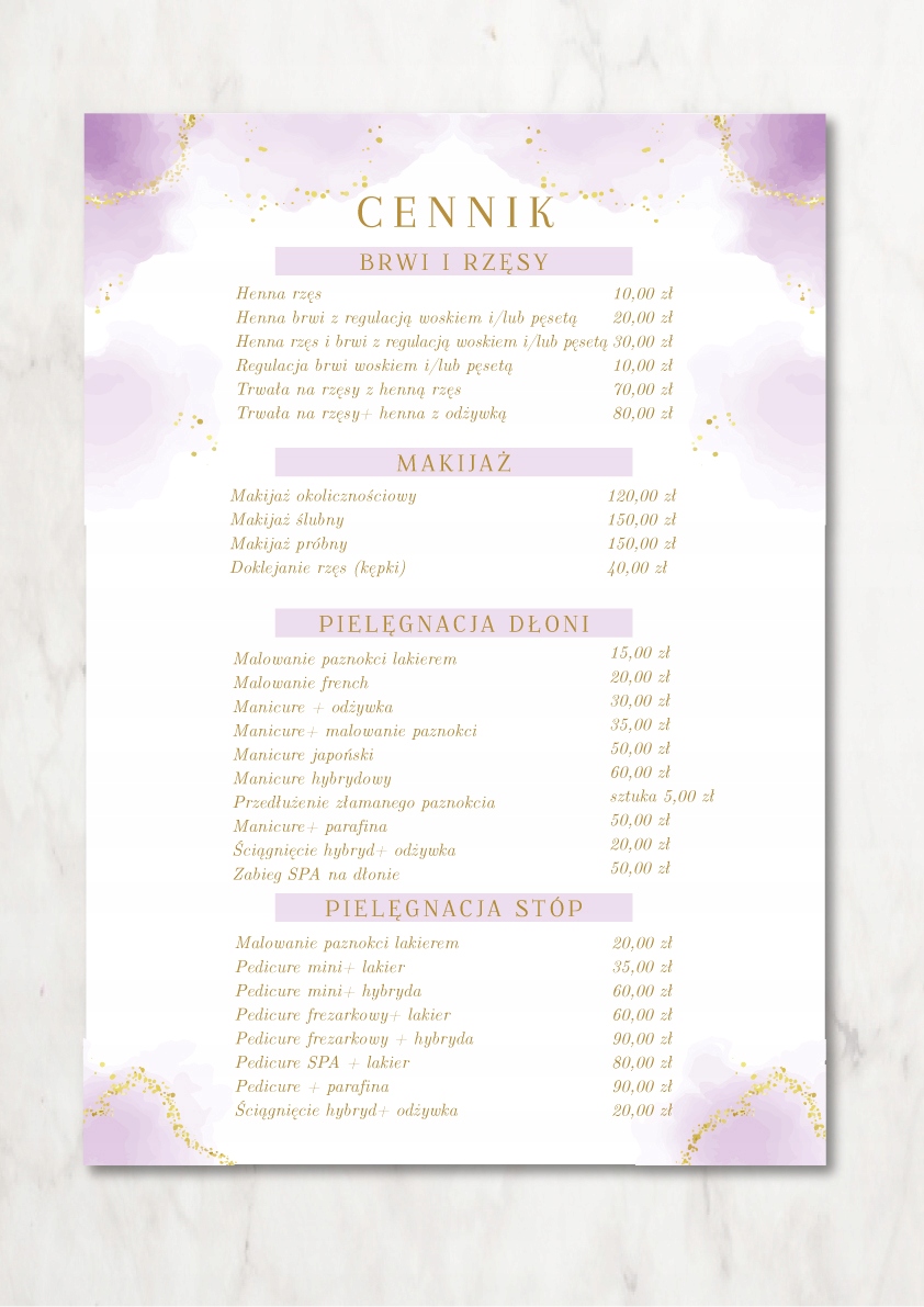 Cennik dla salonu kosmetycznego projekt do druku