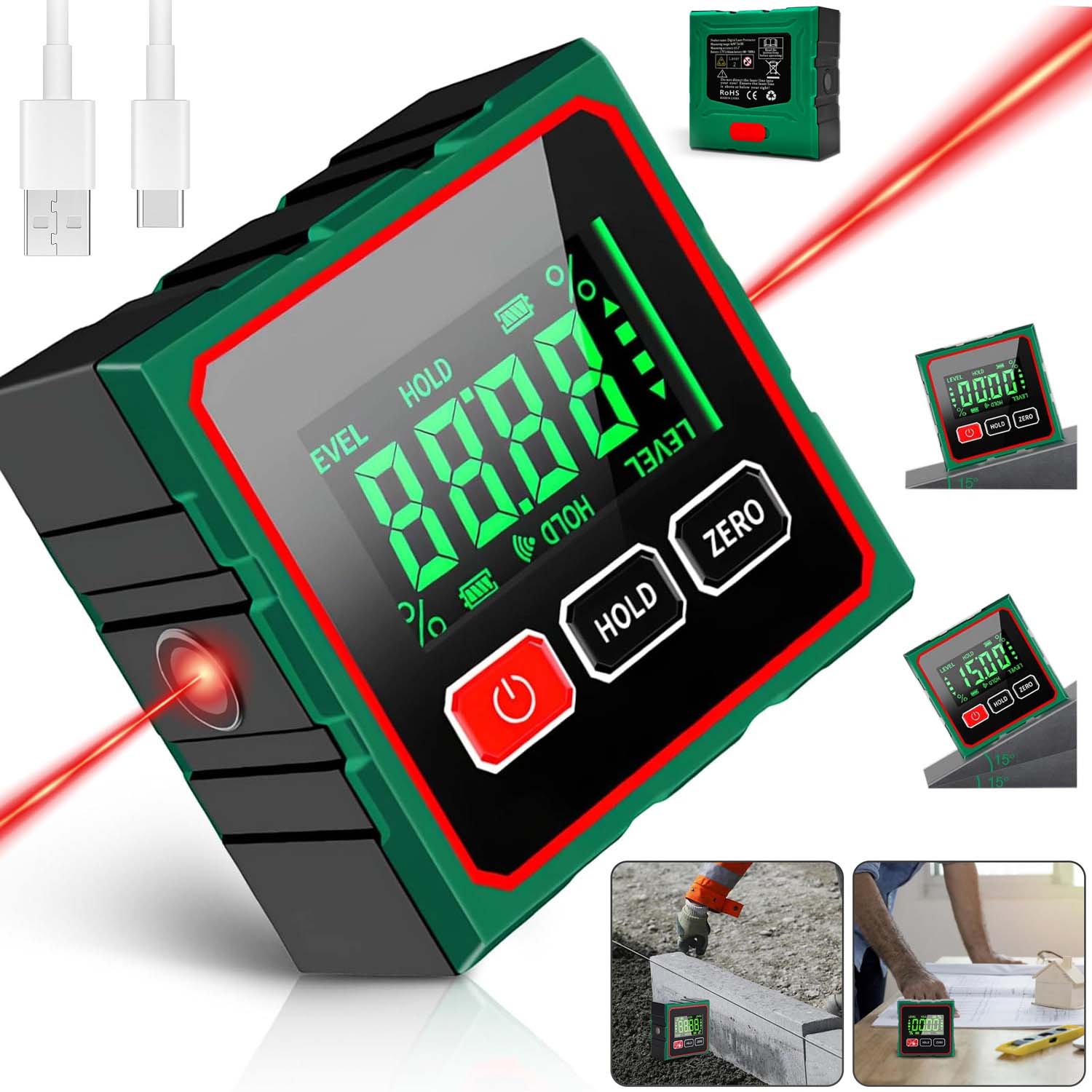 Elektronický Digitální Laserový Úhloměr S LCD Magnety Nabíjený Přes Usb
