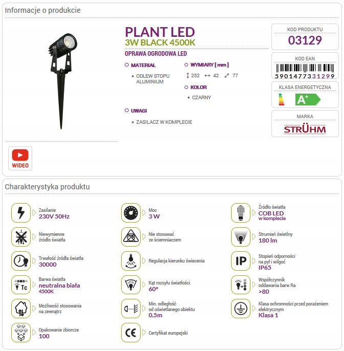 Lampa ogrodowa wbijana PLANT 03129 LED 3W 4500K EAN 5901477331299