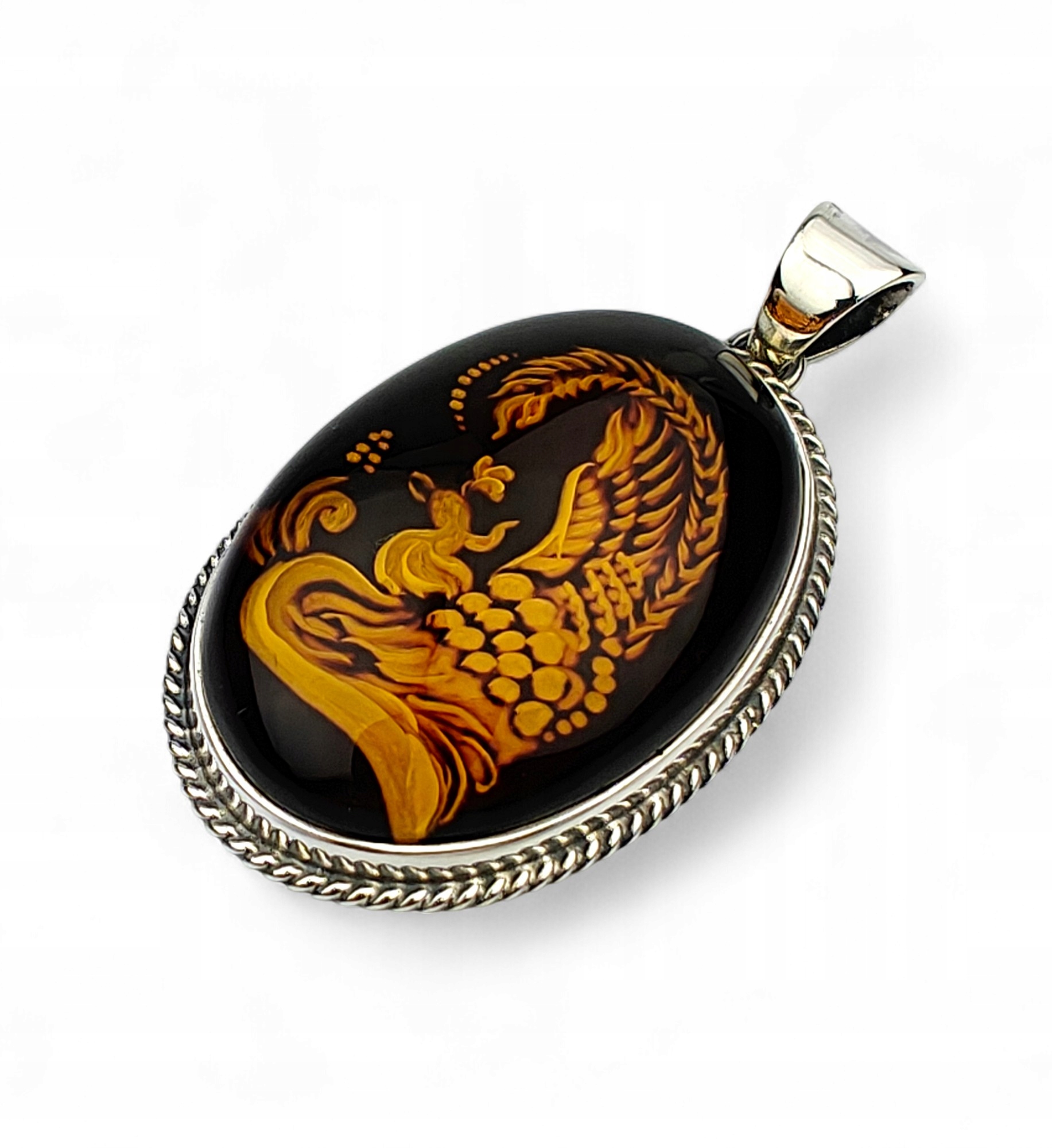 Ručně Vyřezávaný Přívěsek Stříbro Jantar Páv