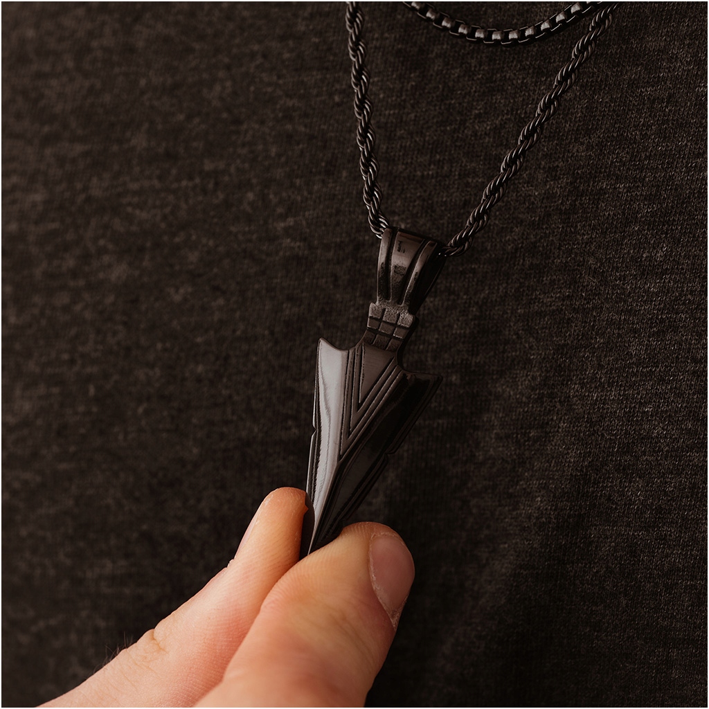 Naszyjnik męski ZAWIESZKA czarna GROT strzała PODWÓJNY stal 316l Długość całkowita 60 cm