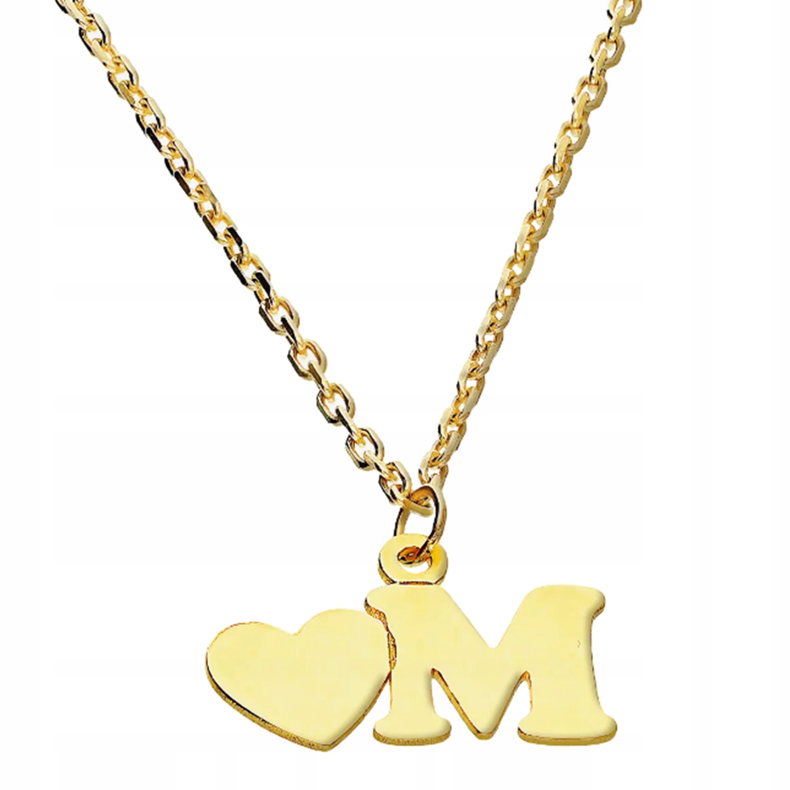 Zlatý náhrdelník 585 s písmenem M bez kamenů a srdíčkem jako dárek 14k