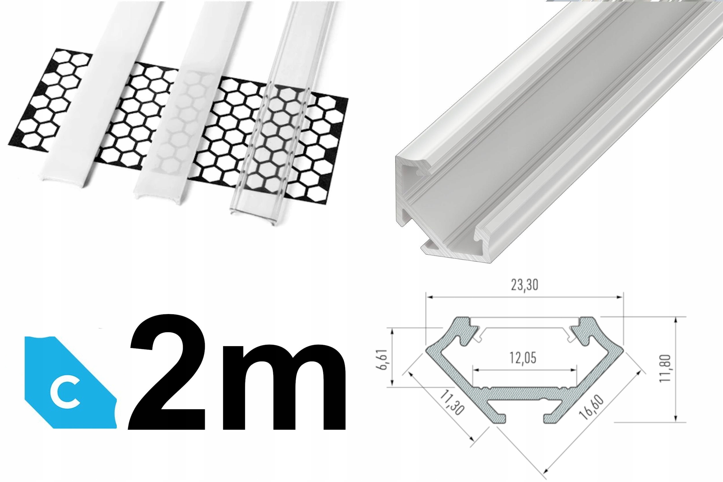PROFIL LED kątowy narożny 45° C 2m + KLOSZ, BIAŁY