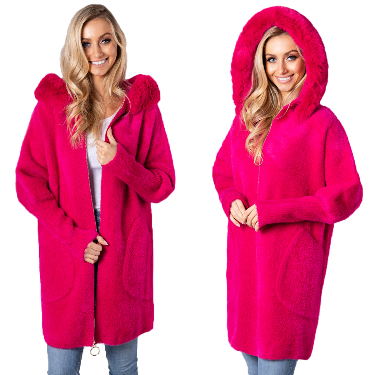 Nadýchaná Alpaka Kabát Kapuce s kožešinou Měkký Teplý Dámský Fuchsiový