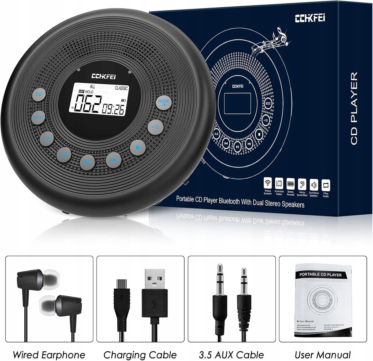 Odtwarzacz CD z głośnikami stereo Cchkfei CD276-BT Bluetooth czarny